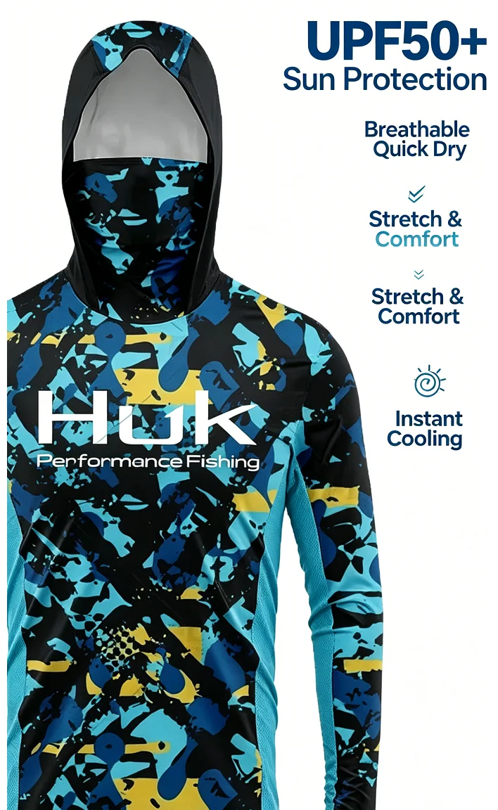 Long Sleeve Fishing Shirts Men Sun Protection Hoodie Mask All-in-one Fishing Clothing Hunting Camping Angling T-shirt Upf