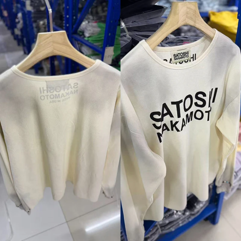 2026 New SATOSHI NAKAMOTO Men Crew Neck Long Sleeve Tee Letter Graphic Rivet Detail Streetwear