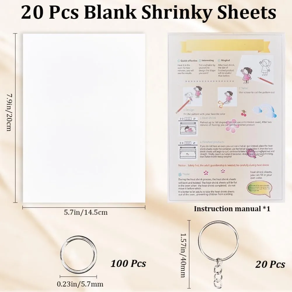 20 Pcs Shrink Plastic Sheet 7.9 x 5.7 inch Blank Shrink Film Paper with Iron Key Ring Sanded Shrink Paper Sheets for Creative