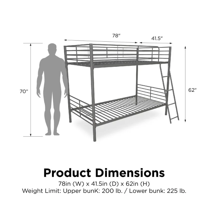 Convertible Twin over Twin Metal Bunk Bed, Silver bedroom furniture  bed frame  twin bed frame