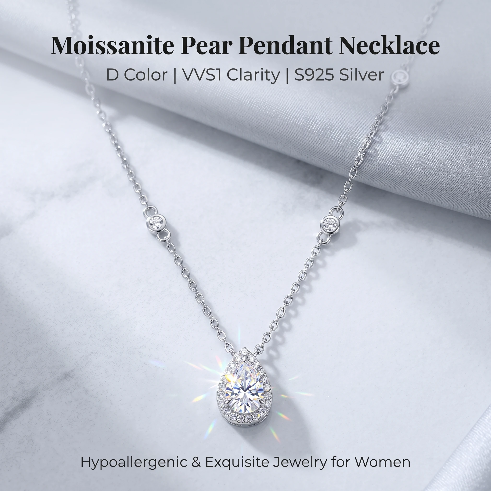 S925 Sterling Silver Pear D Color GRA Moissanite Pendant Necklace, Hypoallergenic Fine Jewelry Gift for Women
