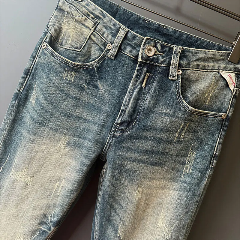 Celana jins Pria Mode jalan, celana Denim desainer antik gaya Italia pria, jins ketat melar biru Retro, celana jins pria