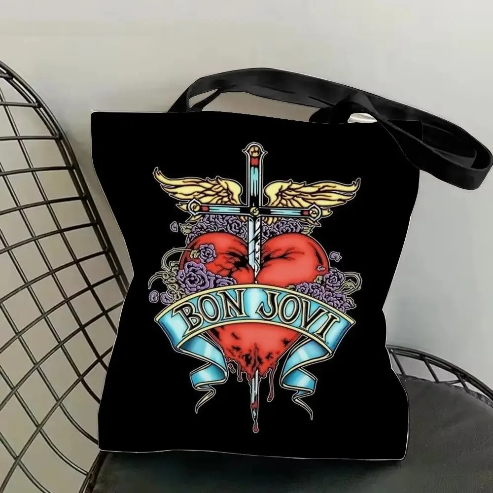 Bon Jovi Band Storage Bags Canvas Double-Sided Print Tote Bags Fashion Shoulder Tote Shopping Bag Gift Eco Handbags