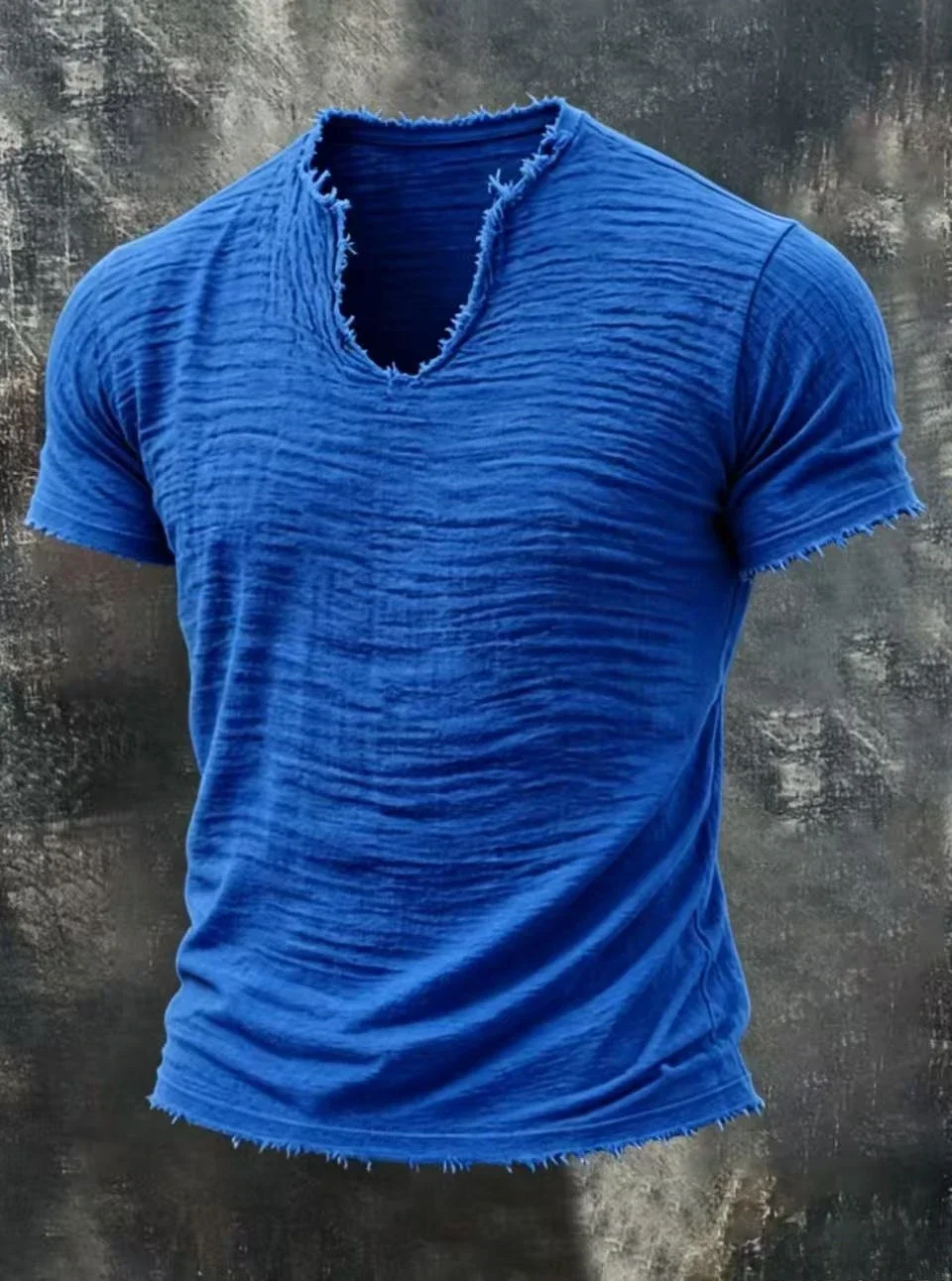 Herren-T-Shirt mit ausgefranstem V-Ausschnitt und kurzen Ärmeln, faltige Textur, 100 % Baumwolle, minimalistische, lässige, einfarbige T-Shirts für den täglichen Gebrauch – Detail 10