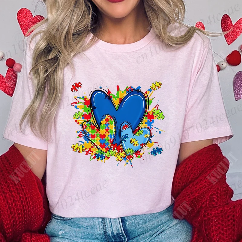 Women T-shirt Autism Awareness Love Heart Graphic Tops Acceptance Neurodiversity Shirts Fashion Female Summer Short Sleeve Tees