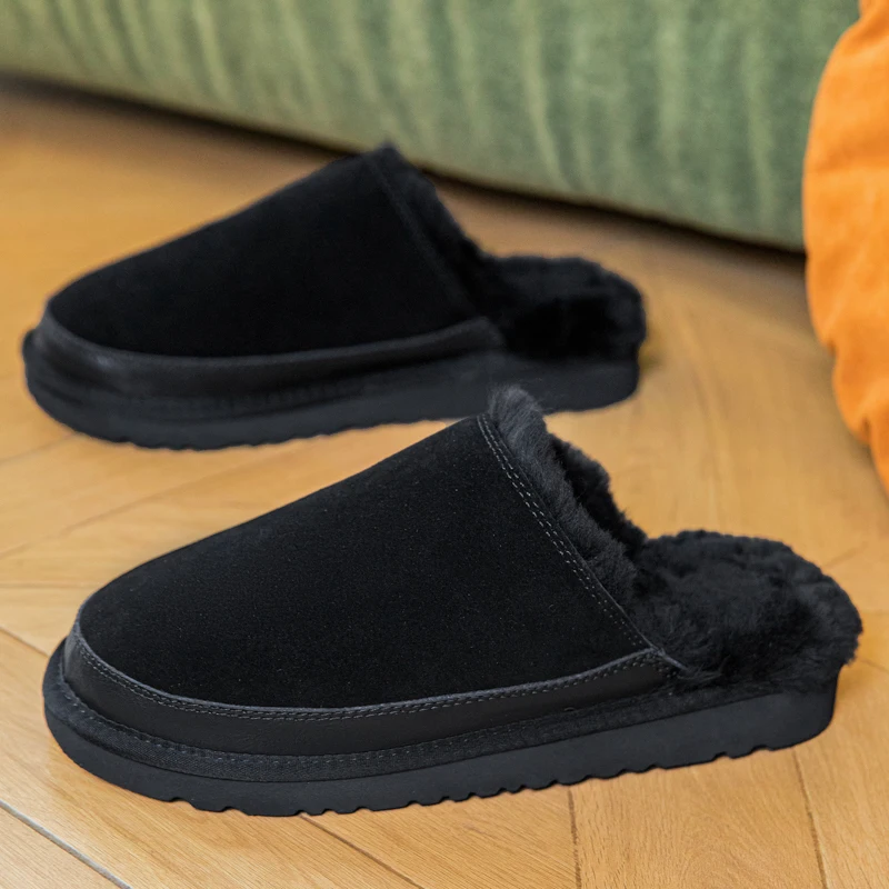 Men Warm Lined Closed Toe Slippers Slip‑on Winter Backless Snow Boots Soft Mules Cotton Shoes Household Indoor Outdoor Wear