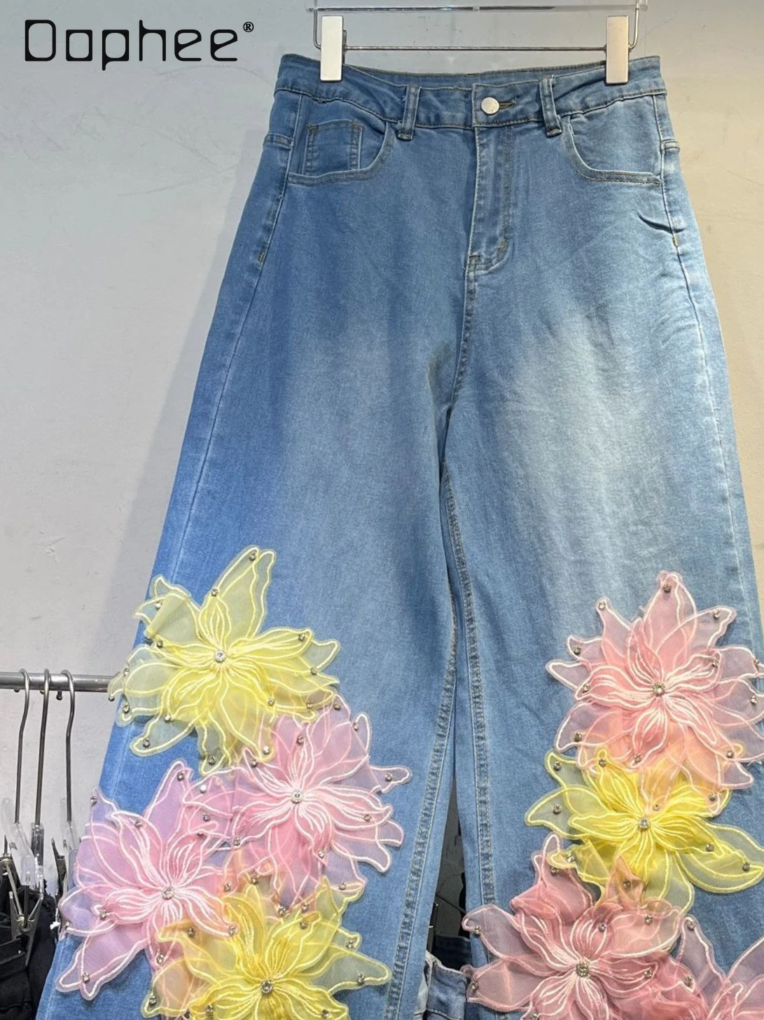 

Сетчатые джинсовые широкие брюки с цветочным принтом, женские 2021, европейские модные индивидуальные свободные модные тяжелые свободные длинные брюки с высокой талией
