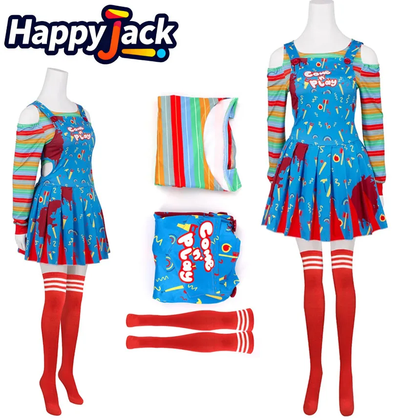 Disfraz de Chucky para Cosplay, Vestido de Mujer, Medias, Conjunto de Ropa para Halloween, Carnaval, Disfraz de Fiesta