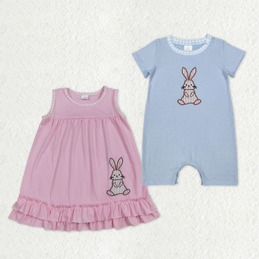 z1211-19 SR2404 Wholesale baby rompers girls Embroidered Easter bunny blue short sleeve Romper Summer Boutique kids clothes boys