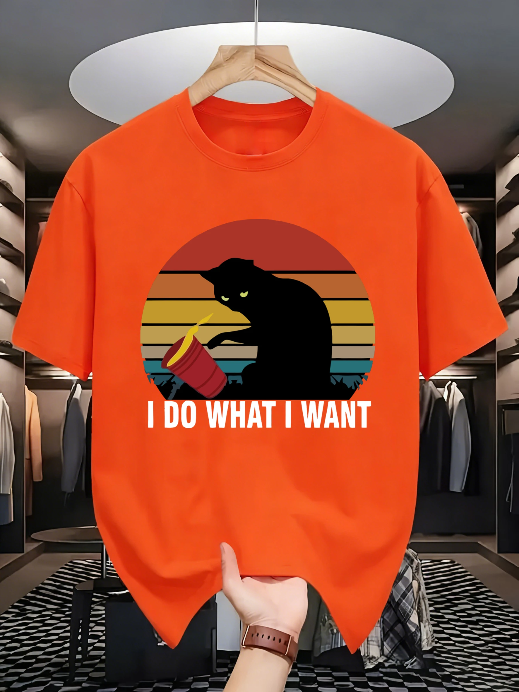 Cat Do What It Want Printed Mens Hip Hop All-Match T-Shirt Fashion Cotton Summer Breathable Clothes Casual Loose Streetwear
