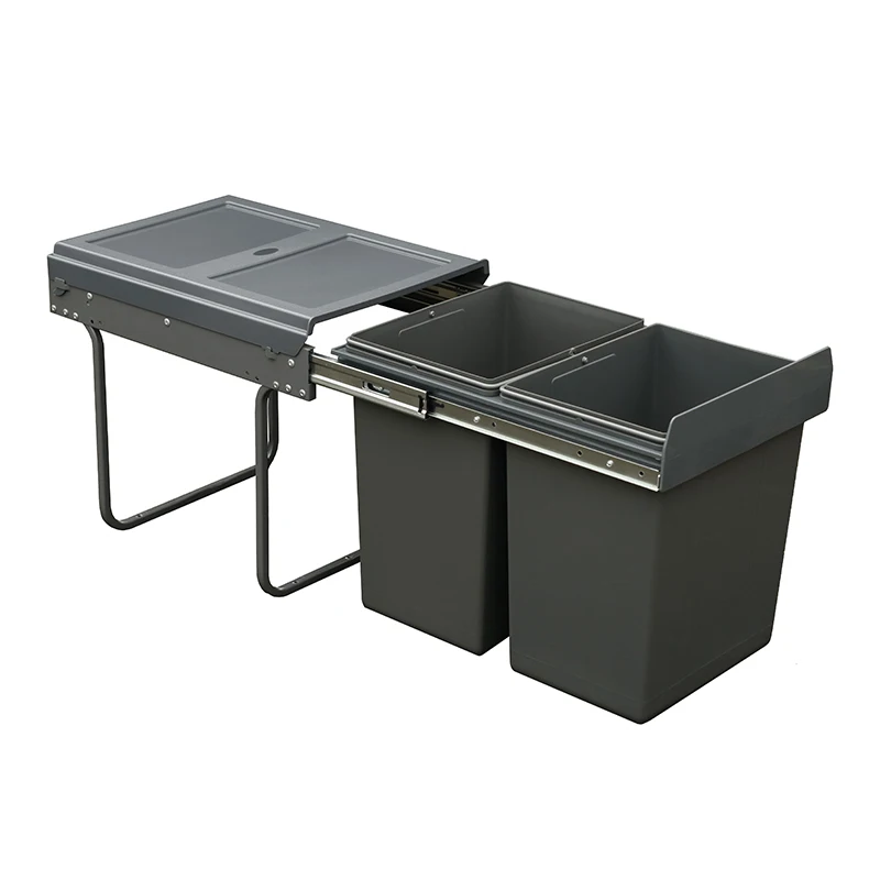 Heavy duty trash cans under cabinets can be pulled out with double 20L containers and soft closure ball bearing slides