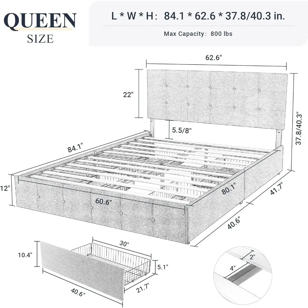 Allewie Upholstered Queen Size Platform Bed Frame with 4 Storage Drawers and Headboard, Square Stitched Button Tufted, Mattress