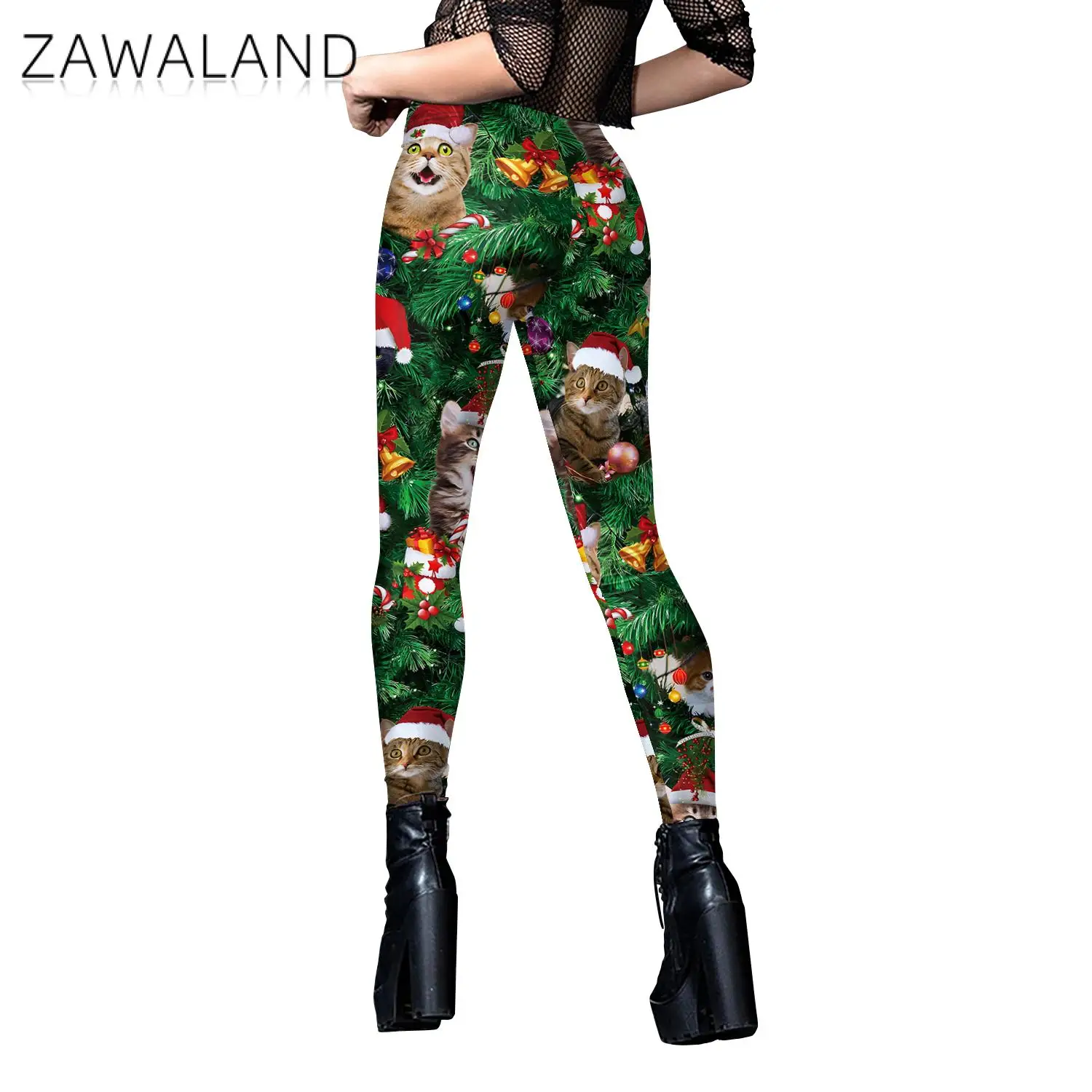 Zawaland-MALLAS DE LICRA para mujer, Leggings sin costuras con estampado 3D de árbol de Navidad, entrenamiento, Fitness