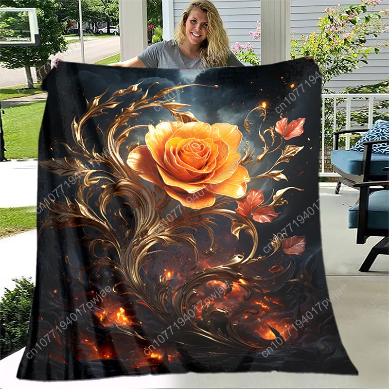 

1pc Cozy Golden Leaf Rose Print Blanket - Lightweight Flannel Throw For Sofa, Bed, Travel, Camping, Living Room, Office, Couch,