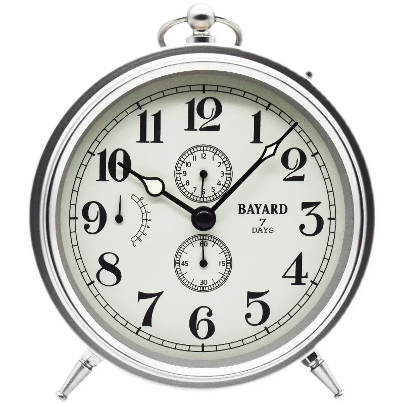 

Seven Days Mechanical Movement Alarm Clock Metal Modern Clockwork Large Volume Bedroom Desktop Table Clocks Silver Desk Decor