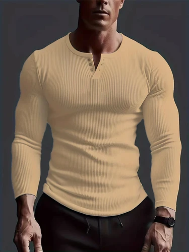 Imagen 2 del producto Camisa Henry sin cuello para hombre, Top de Fitness, camisa básica de alto estiramiento, Color sólido, manga larga informal de talla grande, otoño