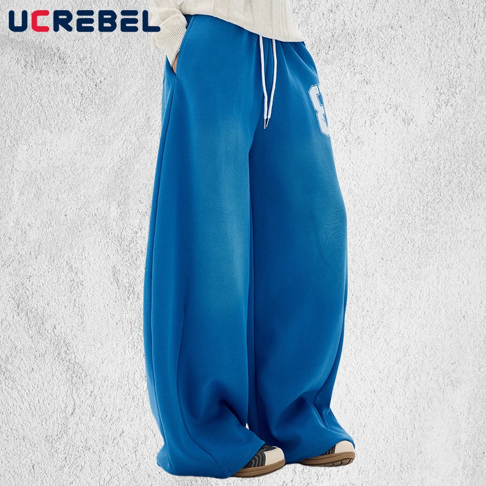 Letter Print Sweatpants Mens Spliced Autumn Winter High Street Elastic Waist Baggy Wide Leg Drawstring Jogger Pants Man