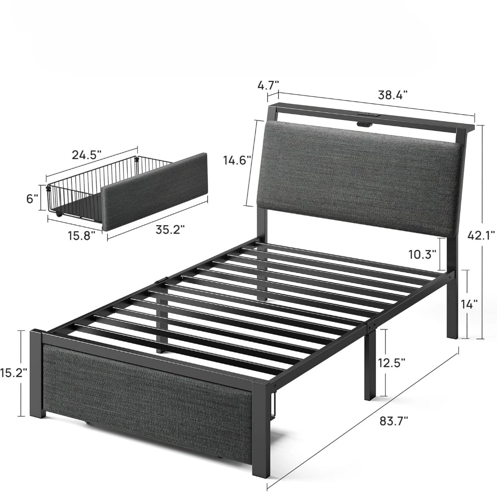 Bed Frame with Ergonomic Headboard Storage & Charging Station, Upholstered Platform Bed with LED Light & Drawer