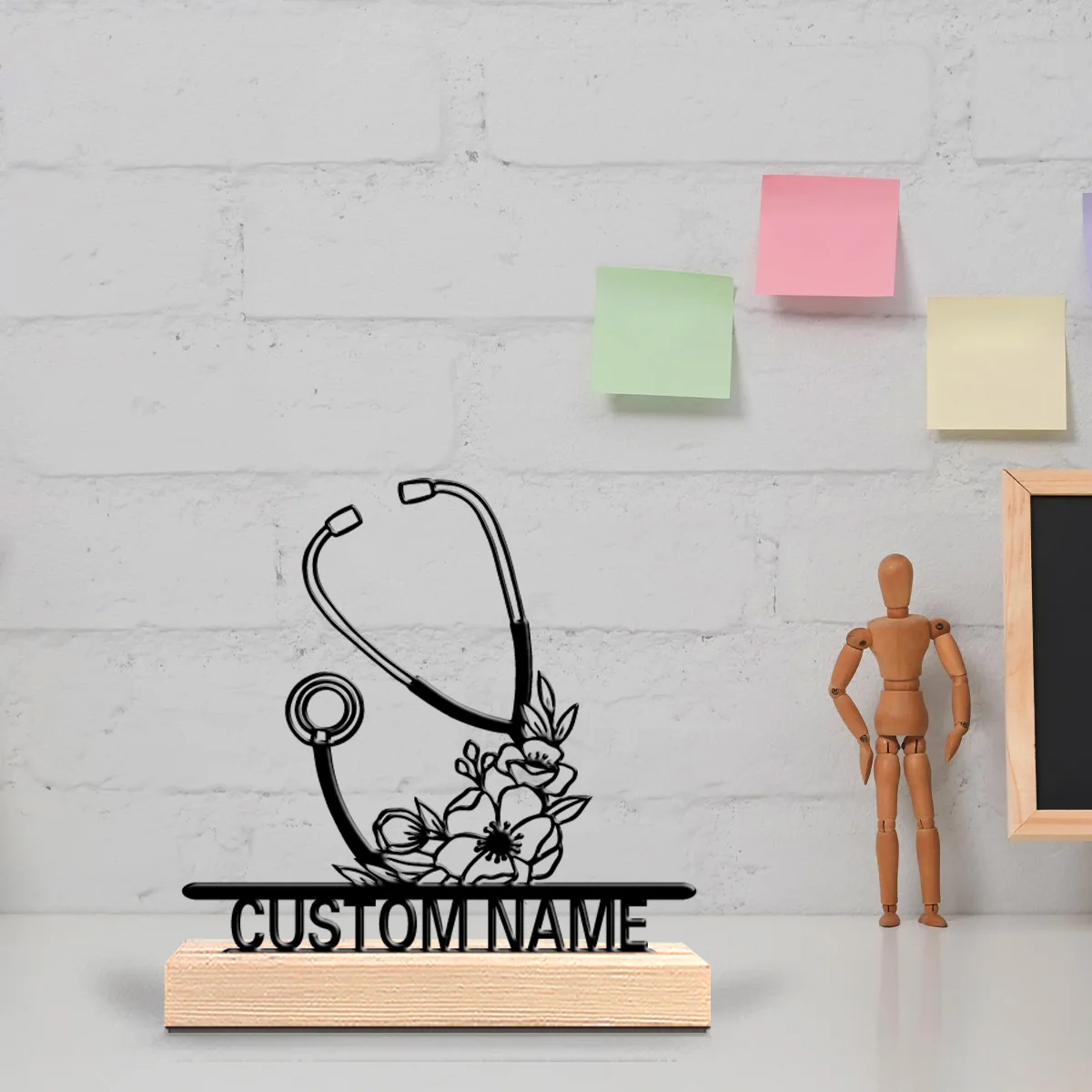 1pc Creative Lace stethoscope Personalized Text Metal Statue Art Figurine With Wood Base Metal Ornament Study Desktop Decoration