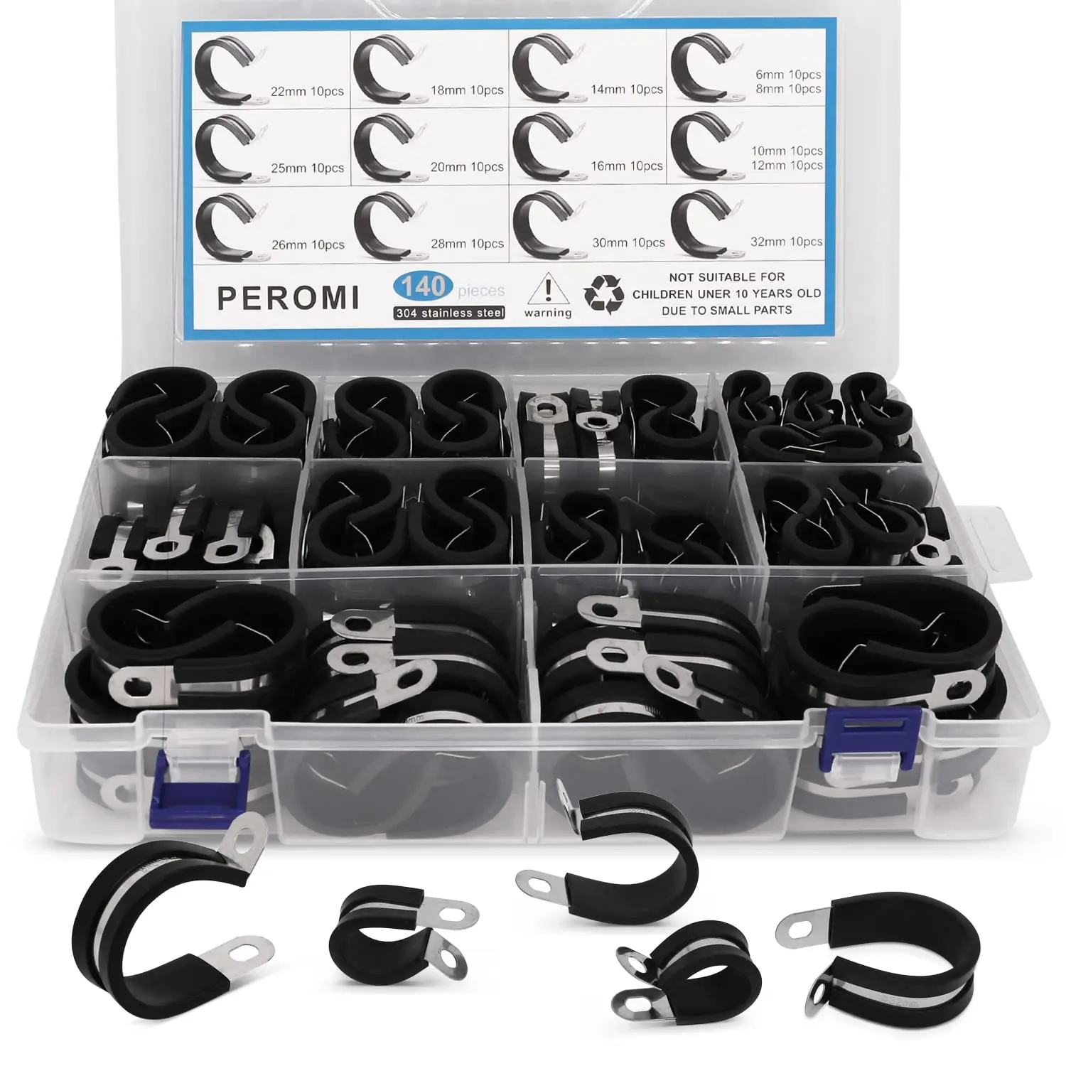 140pcs Rubber Lined P Clips Assortment Kit 304 Stainless Steel Hose Pipe Cable Clamp 6-32mm 14 Sizes Hardware Electrical Fitting