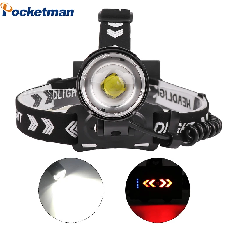 

Powerful LED Headlamp USB Rechargeable Headlight with Warning Red Light Outdoor Waterproof Head Flashlight Use 18650 Battery