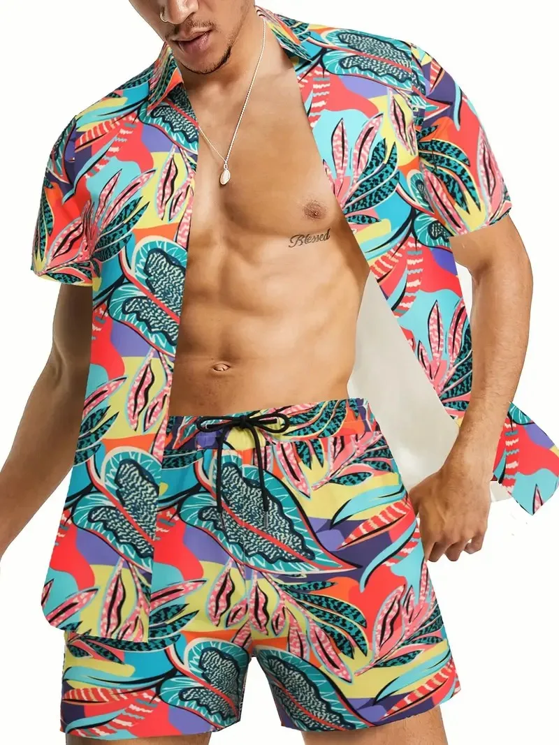 Conjuntos de camisa de praia manga curta masculina, conjuntos casuais de férias, camisetas estampadas moda verão