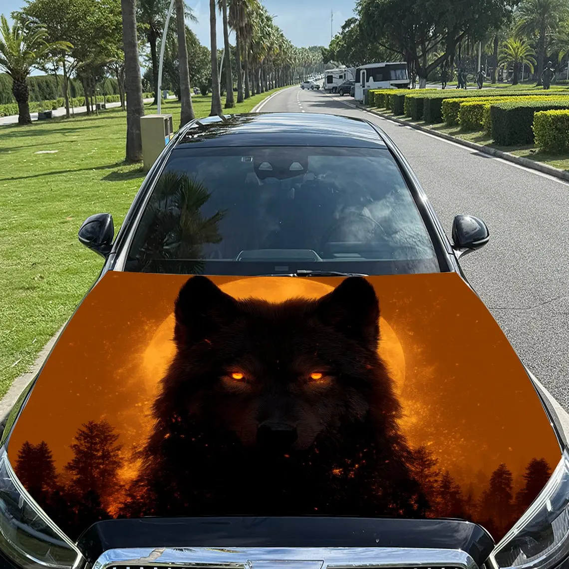 Black Wolf in Orange Light Car Vinyl Wrap, PVC Material Waterproof Car Hood Sticker, Self-Adhesive Scratch-Resistant Stickers fo