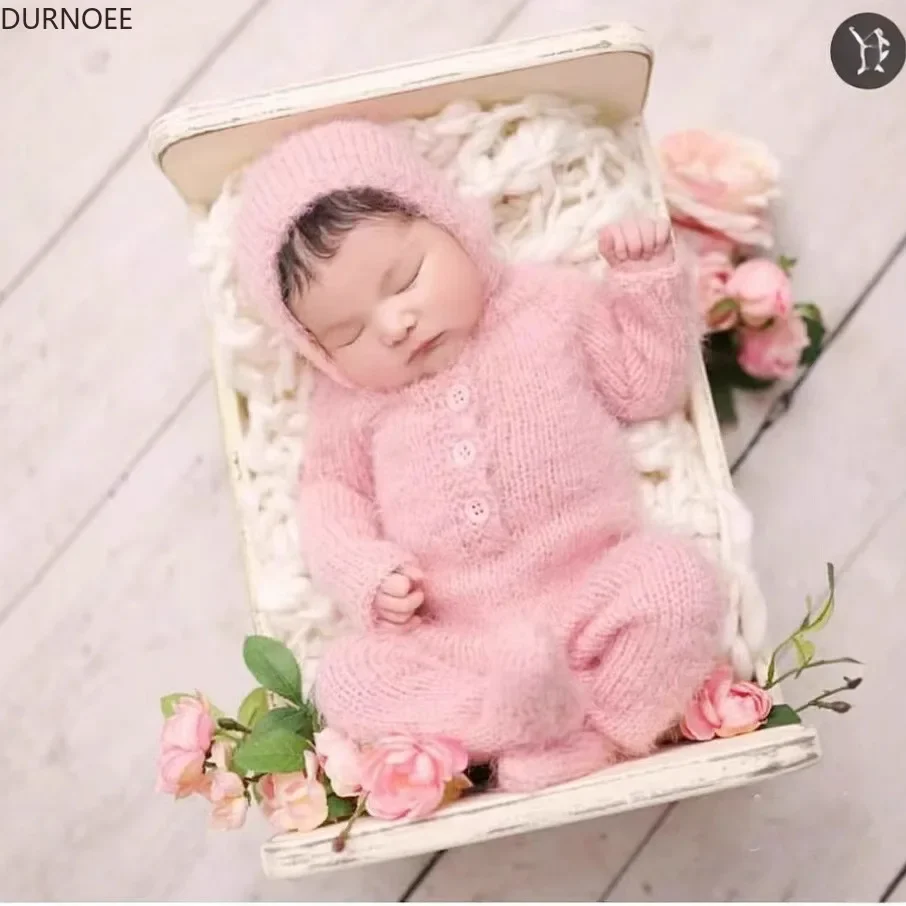 Alat peraga fotografi bayi, pakaian rajut topi Jumpsuit wol, properti fotografi bayi