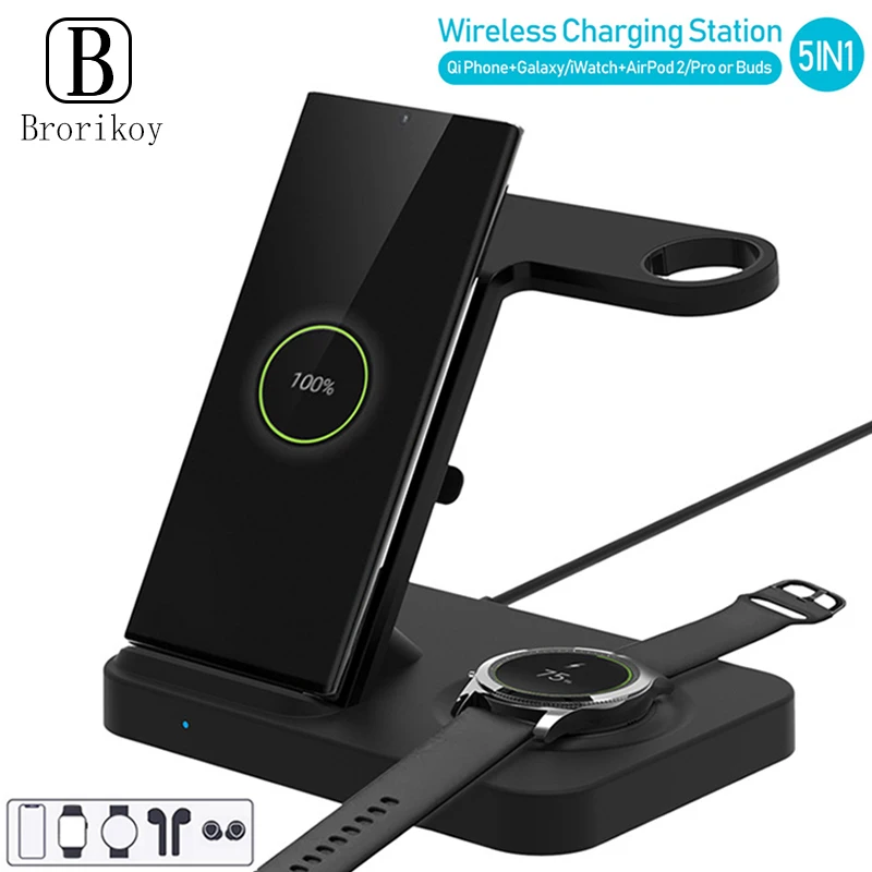 5in1 Wireless Charger Station for iPhone 11 13 Xs X iWatch Airpods Pro 10W Wireless Fast Charging for Galaxy Buds Watch Gear S3