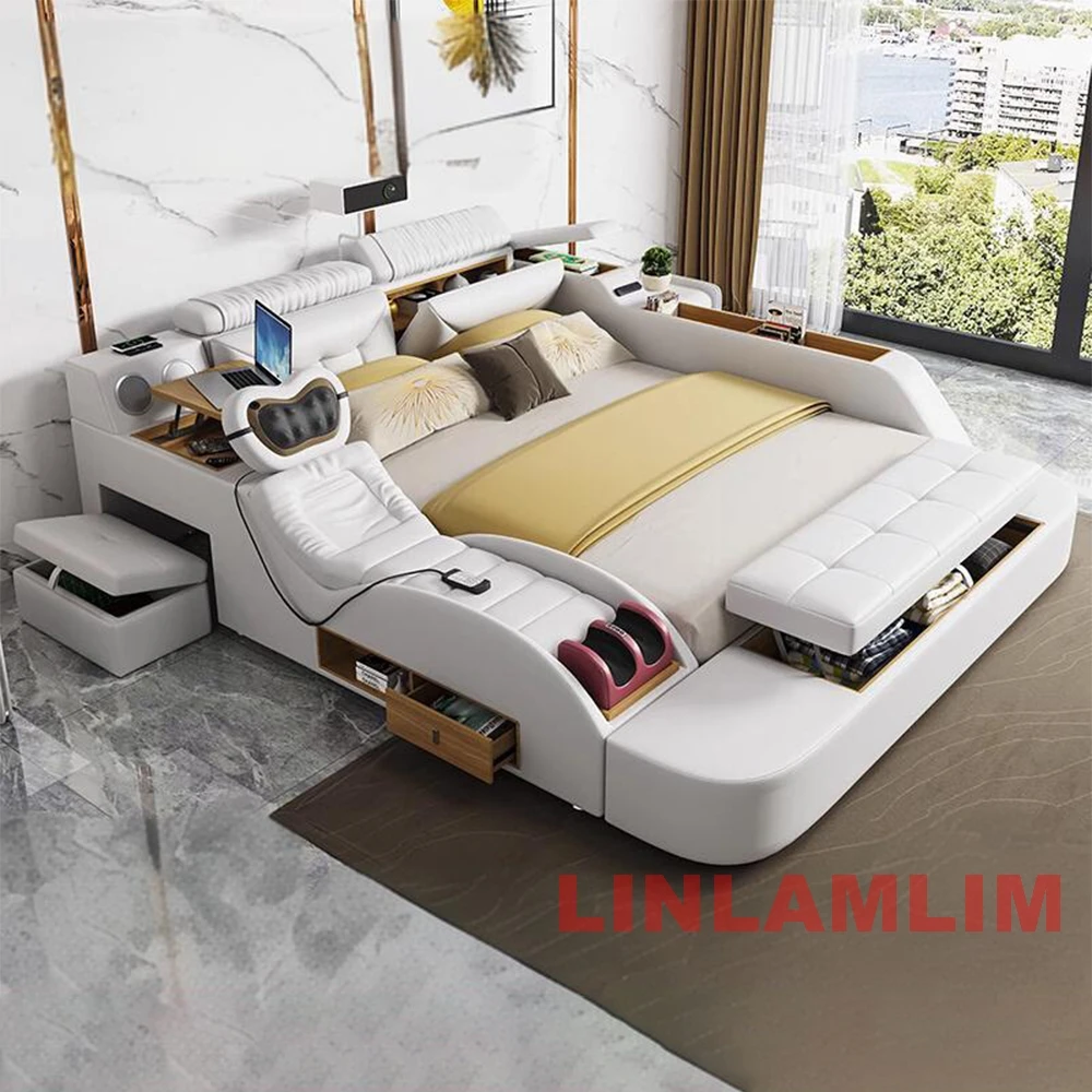 MINGDIBAO Modern MULTIFUNCTIONAL Tech SMART BED 2-osobowy |   FURURYCZNA FURNITURE |   Łóżka z prawdziwej skóry Ultimate Massage Tatami