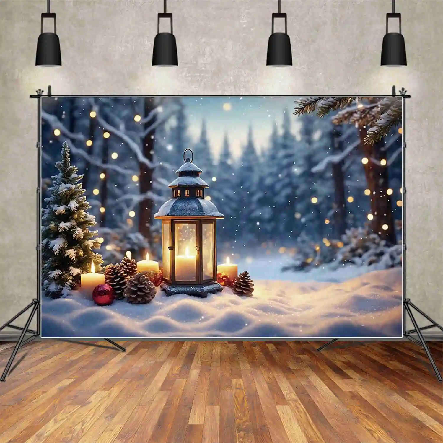 MOON.QG 크리스마스 겨울 사진 배경 눈 소나무 조명 램프 Photozone 배경 어린이 사진 스튜디오 액세서리
