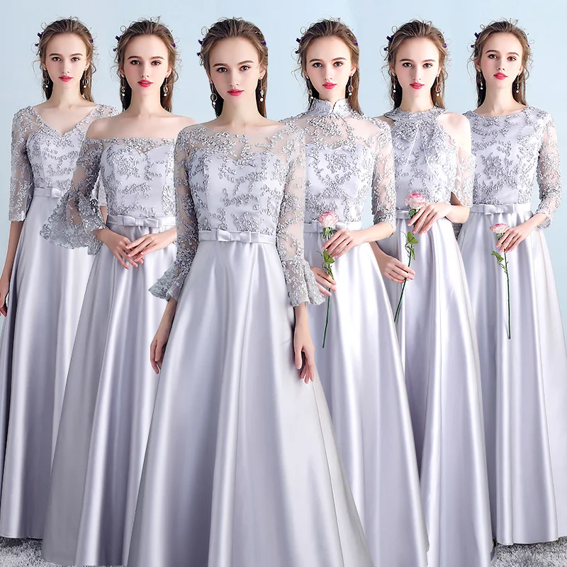 

Bridesmaid Dresses Silver Gray Pattern A Line Vestido De Festa Sexy Halter Elegant Gowns Short Sleeve Wedding Party Dress R025