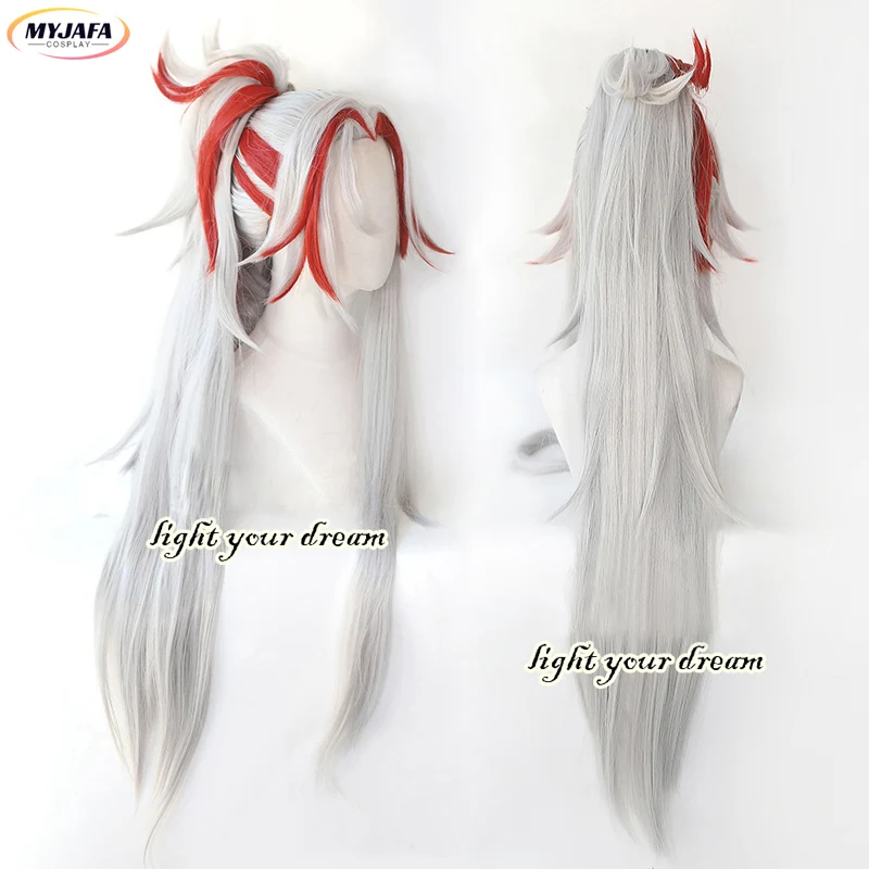 Yone Cosplay Wig Heartsteel Cosplay Wigs Game LOL Cosplay White Red Ponytail Heat Resistant Synthetic Hair Wigs + Wig Cap