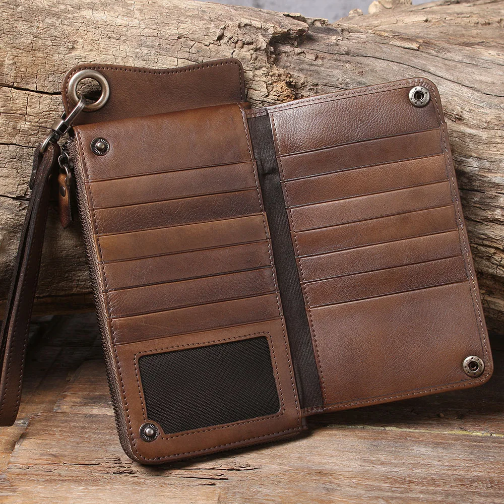 S.WORKER Echtes Vollnarbiges Rindsleder Langes Portemonnaie für Herren, Clutch mit mehreren Kartenfächern, Casual-Geldbörse mit Handgelenkschlaufe – Detail 21