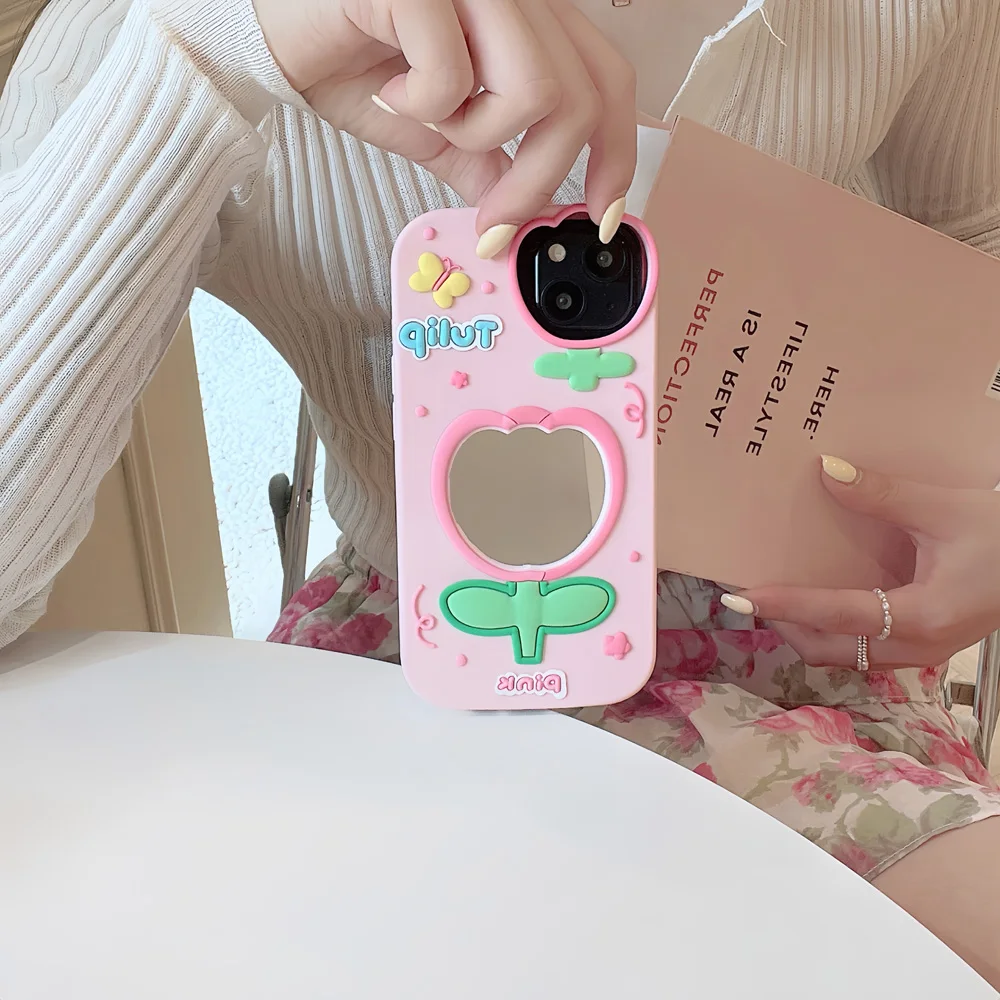 

3D Cute Cartoon Mirror Tulips Phone Case For iPhone 11, 12, 13, 14, 15 Promax, Soft Silicone Case, Back Cover, Durable Beautiful