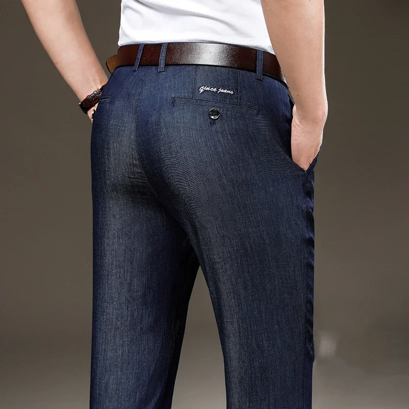 Sommer Echte Seide Lyocell Stoff Klassische Stretch Breite Jeans Männer Lose Gerade Hosen Hohe Taille Hose Männlichen Großen Größe 40 42,5168