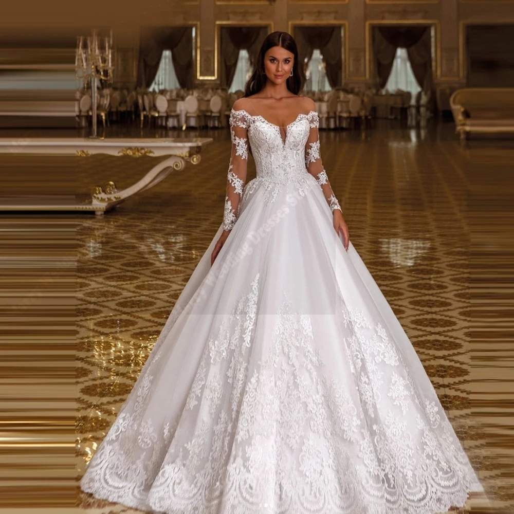 

Off The Shoulder Tulle Women Wedding Dresses Modern A-Line Bridal Gowns Elegant Lace Sleeves Banquet Vestido De Novia Customized