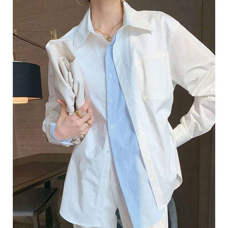 

Women Plus Size Vintage Casual Long Sleeve T-Shirt 2024 New Fake 2 Pics Patchwork Stripe Spring Tops White Blue Solid Streetwear