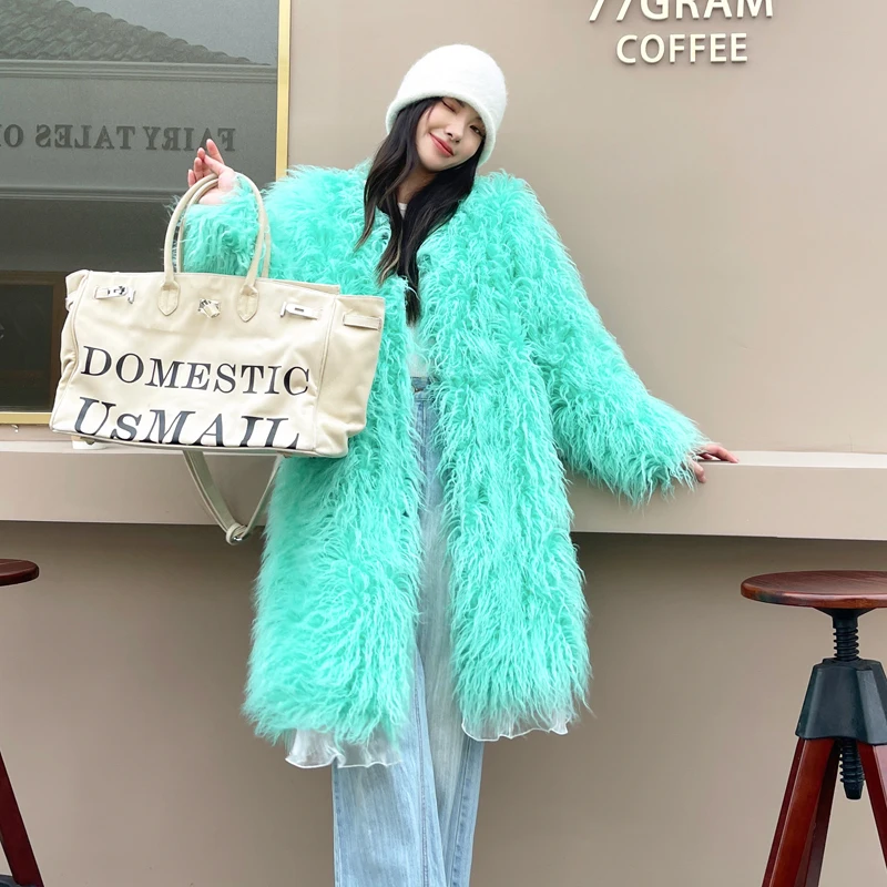 Female Light Green Faux Fur Coat Long Hair V-neck Long Jacket Lady Outerwear Women\'s Winter Coats Factory Direct Sales