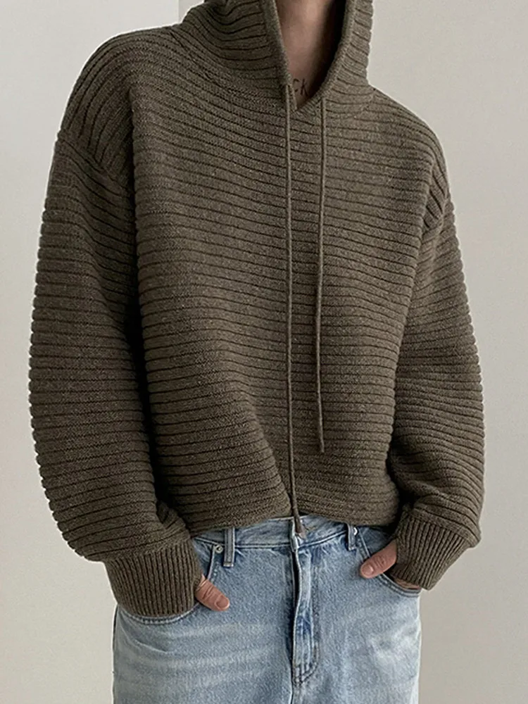 Autumn Winter Hooded Knitted Pullover Men's Korean Style Casual Loose Design Lazy Sweater Thickening Warm Solid Simple Knitwear