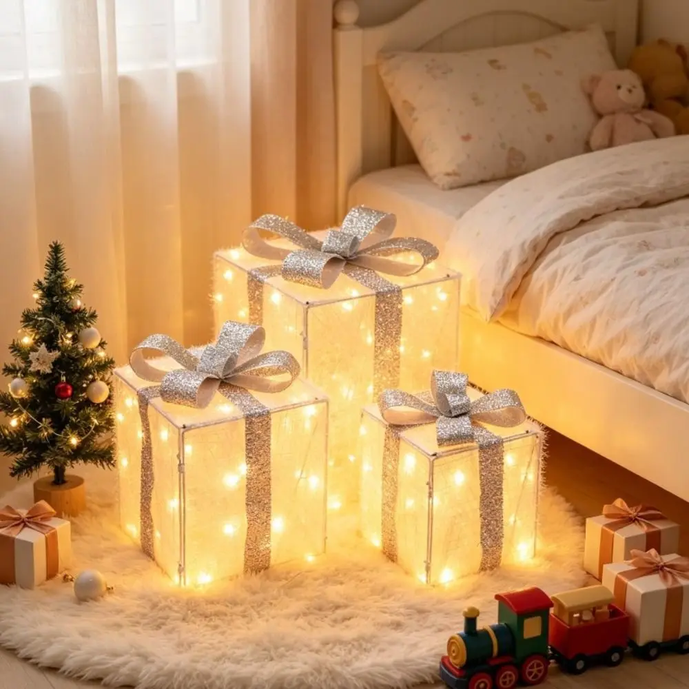 Set of 3 LED Lighted Christmas Gift Boxes Premium Lightweight Material Soft LED Lights Light Up Decorative Present Box Ornaments