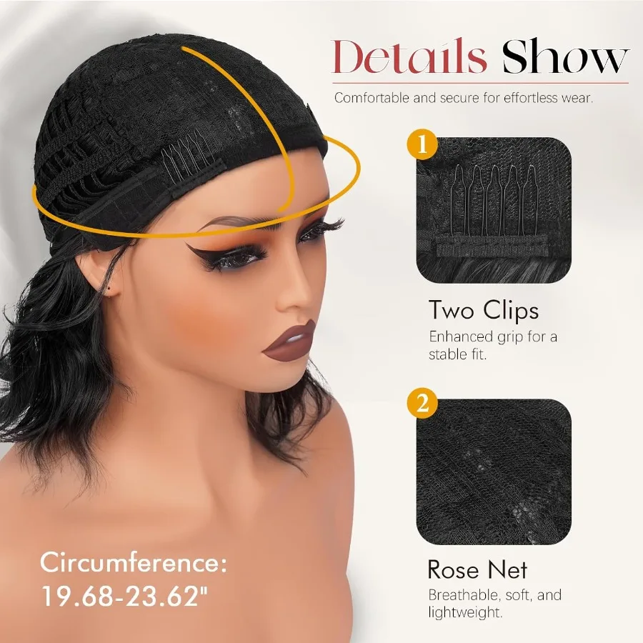 شعر مستعار أسود قصير مموج بطول 12 بوصة، شعر مستعار بوب مجعد بطول الكتف مع غرة للنساء، باروكات شعر صناعية ناعمة للاستخدام اليومي والجزء #5