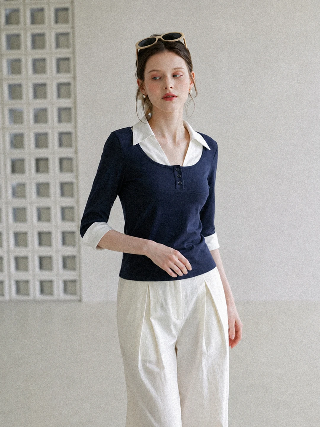 Elegant V-Neck Mid-Sleeve Slim Fit T-Shirt Women's Autumn High-End Color Block Commute Personality Top Korean Style Pure Color