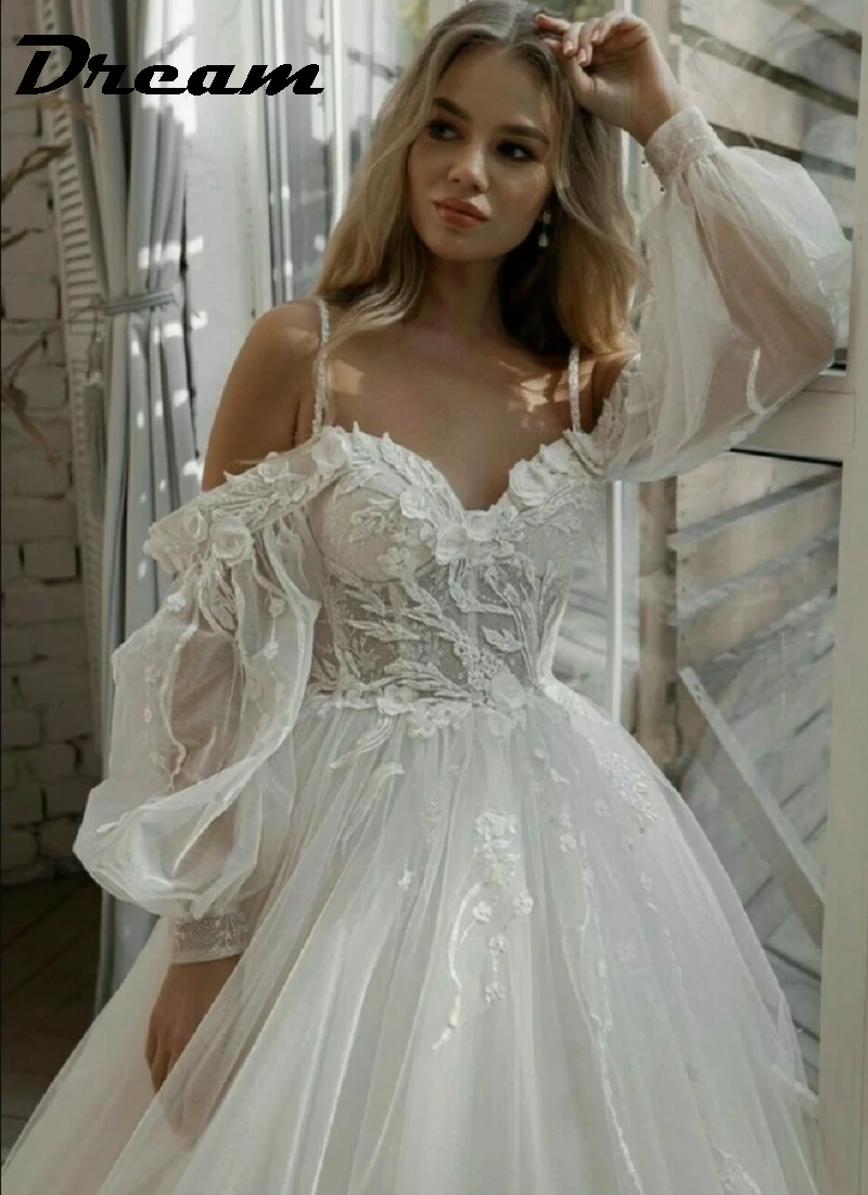 DREAM-Vestidos De Novia personalizados con hombros descubiertos, vestidos De Novia con purpurina De encaje, manga larga abombada, flores 3D, vestido De Novia bohemio 2025