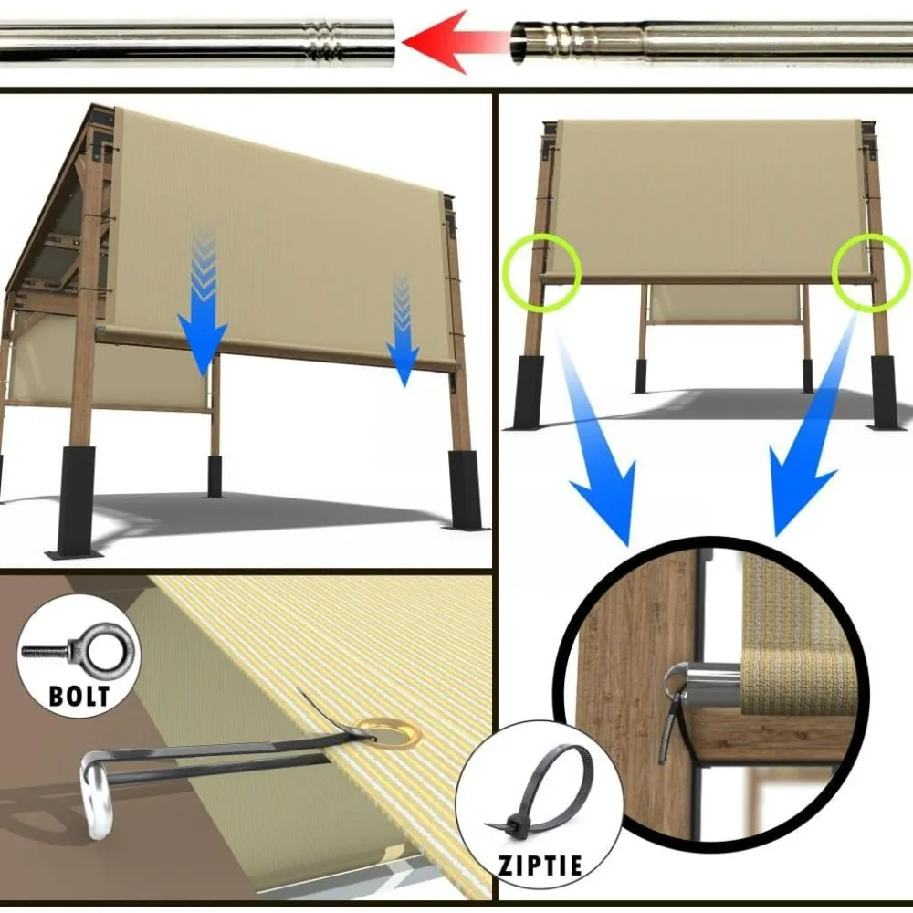 6' W x 16' L Beige Pergola UPF50 Sun Shade Canopy Replacement Cover with Stainless Steel Weighted Rods, 95% UV Blockage