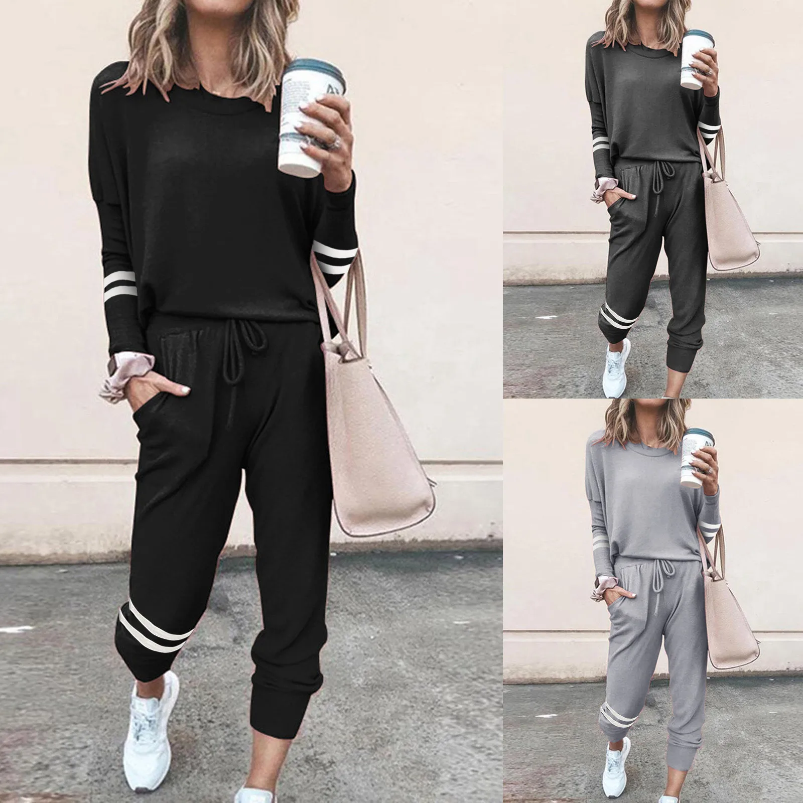 

Solid Long Sleeve Pullover Sweatsuits Lace Up Loose Sweatpants Suits Female Tracksuit Fleece 2 Pieces Women Sports O-Neck Sets