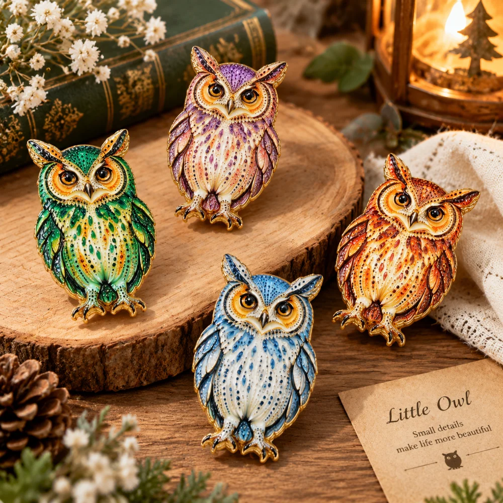 Colorful Owl Enamel Brooch Rhinestone Inlaid Alloy Bird Lapel Pin Vintage Forest Animal Women Sweater Jewelry Pin