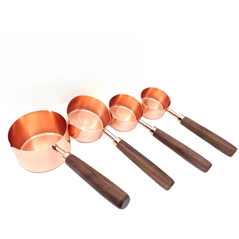 Measuring Cup Set 4 pcs Stainless Steel Gold Tone Walnut Handle for Coffee Seasoning and Kitchen Portion Control