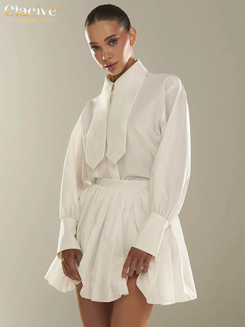

Clacive Fashion Loose White Linen Skirts Set 2 Piece Woman 2025 Elegant Long Sleeve Shirt With High Waist Pleated Mini Skirt Set