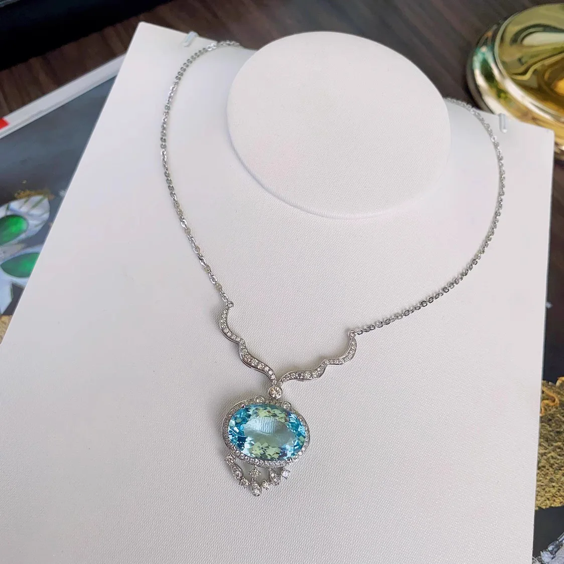 925 Silver Luxury Sea Blue Color Zircon Jewelry Long Tassel Water Drop Pendant Necklace Bridal Wedding Party Jewelry for Women